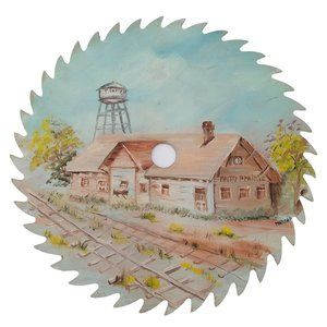 Pretty Prairie KS Hand Painted Saw Blade Folk Art Train Railroad Depot Signed